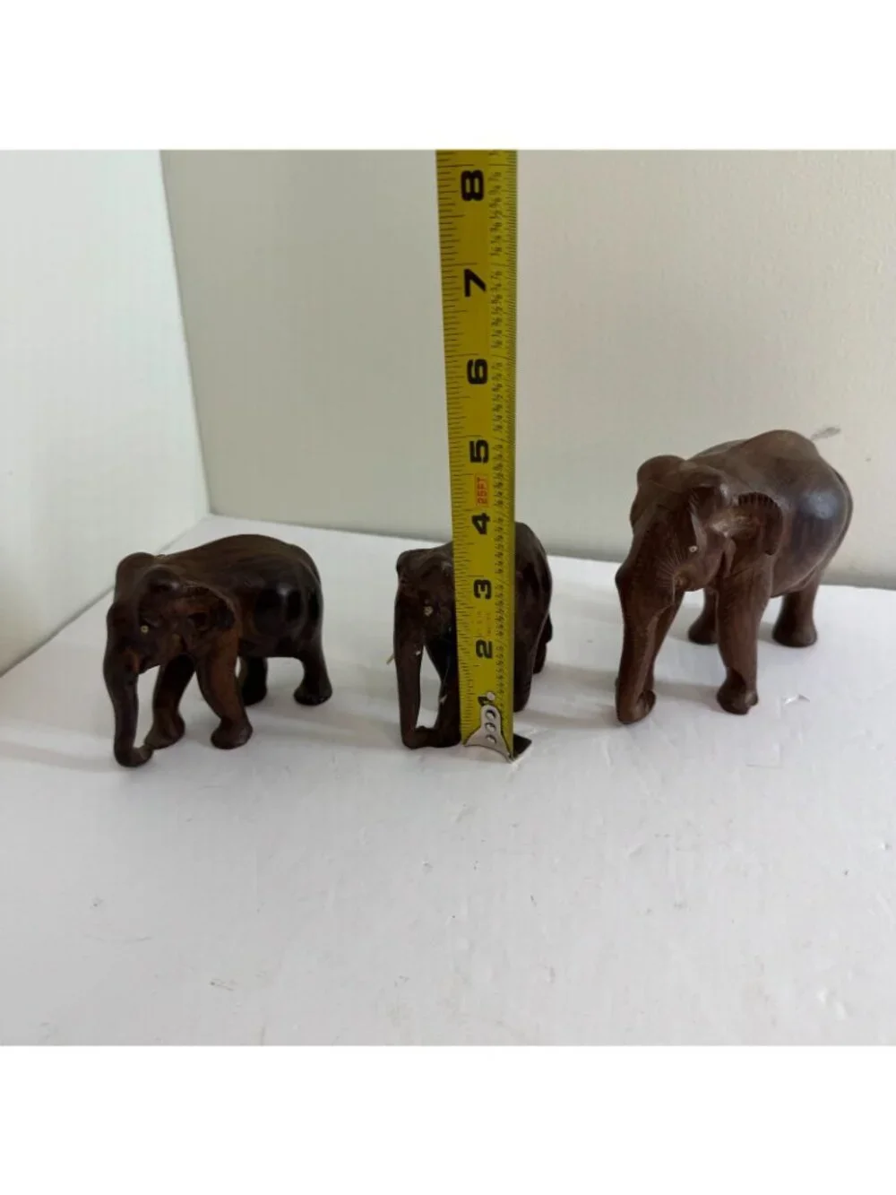 Hand Carved Wooden Elephant Figurines Lot Vtg Carved Wood Animal Decor Set of 3